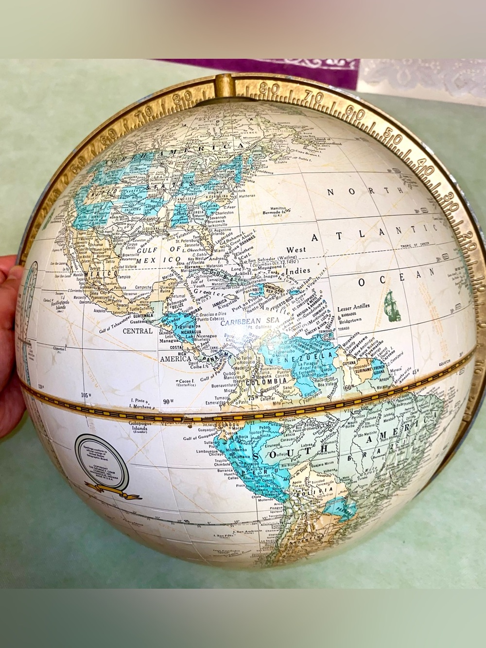 Vintage Cram's Imperial World Globe in Cream and Blue with Brass Details